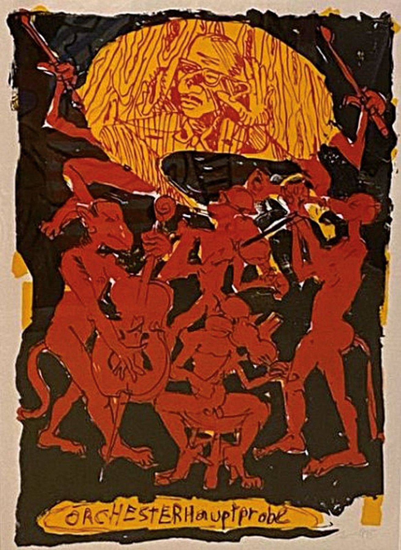 Detail k: Jörg Immendorf, 1945 Bleckede/Elbe - 2007 Düsseldorf, Litho, Orchesterhauptprobe, num. 29/50, re. u. signiert und dat. 95, ca. Blattmaß: 107 x ...