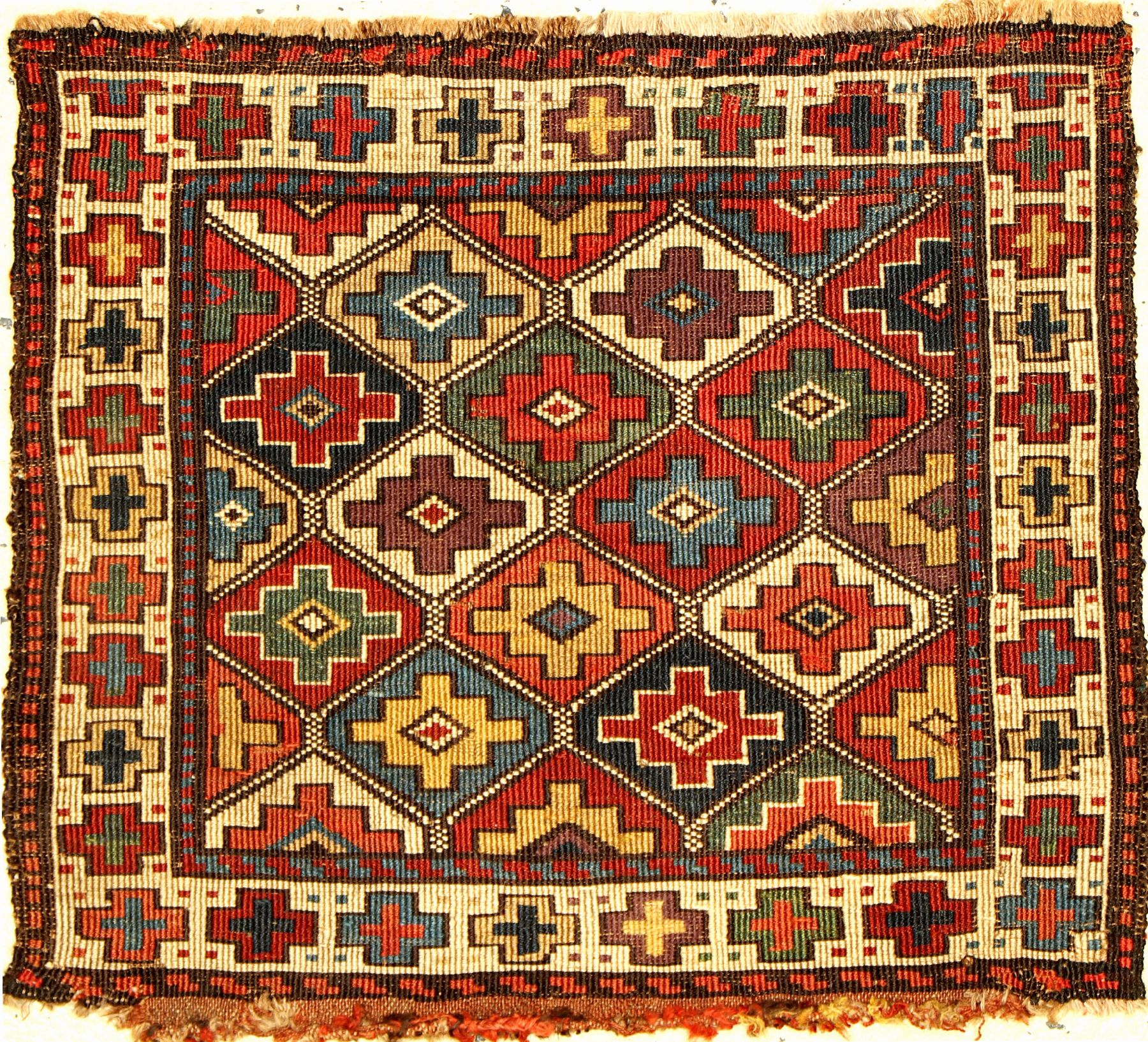 Seltene Schahsavan "Reverse-Sumakh" Taschenfront antik, Nordwestpersien Moghan-Gebiet, 19.Jhd., Wolle gewebt auf Wolle. Farbenfrohe ...