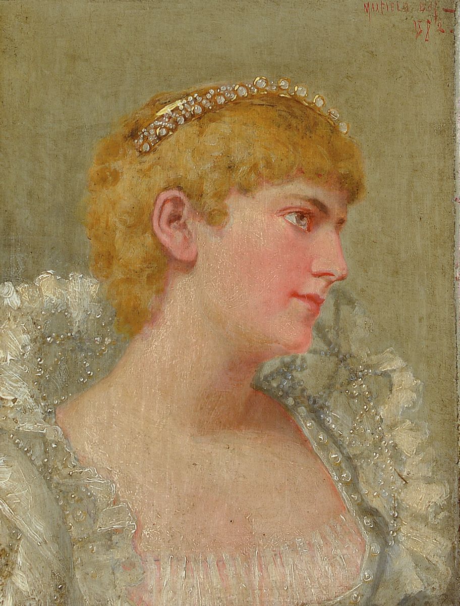 James Emery Maxfield, geb. 1848 Detroit, Porträt einer jungen Dame mit Diadem, Öl/Holz, rechts oben signiert und dat. 1882, ca. 15.5x10cm, R.