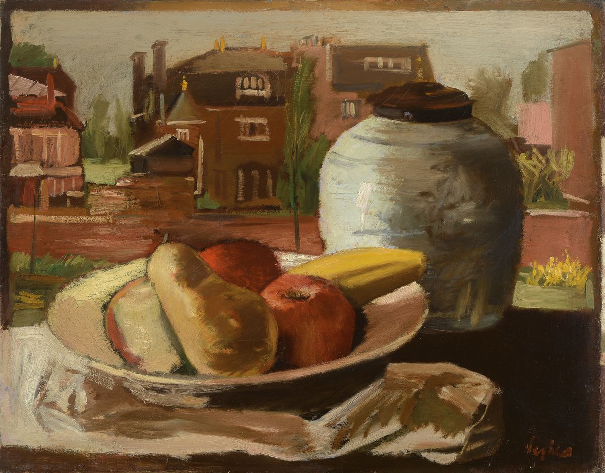 Maurice Seghers, 1883-1959, Stillleben mit Obst auf der Fensterbank, im Hintergrund die Stadt, Öl/Lwd, rechts unten signiert, ca. 46x71cm