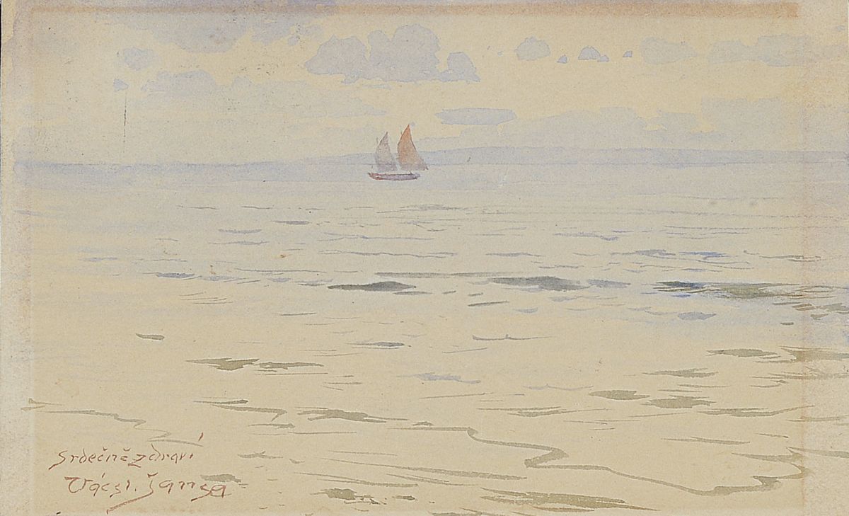 Vaclav Jansa, 1859-1913, Segelboot auf ruhiger See, Aquarell auf Papier, links unten signiert und ortsbezeichnet: Srdecnezdravi, Lichtrand, ca. ...
