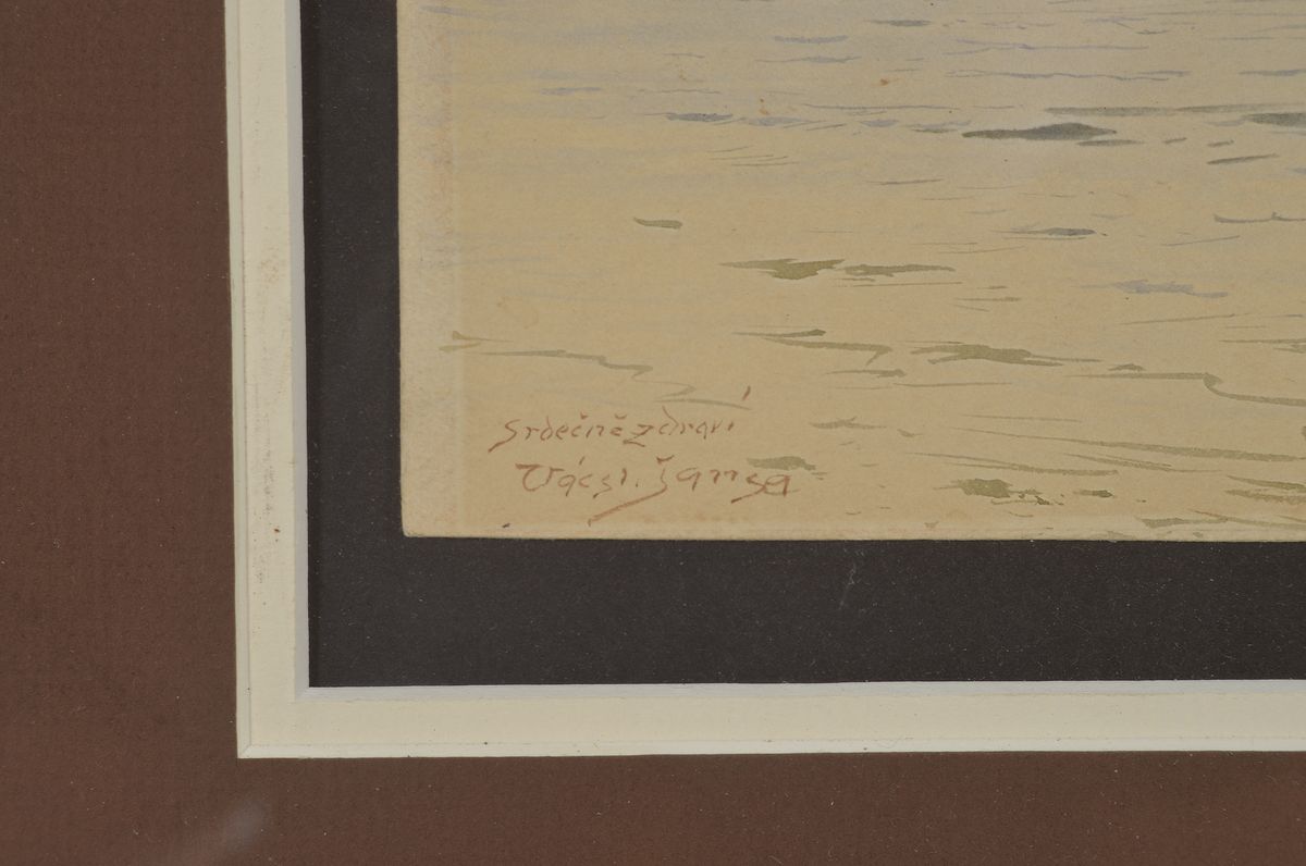 Detail a: Vaclav Jansa, 1859-1913, Segelboot auf ruhiger See, Aquarell auf Papier, links unten signiert und ortsbezeichnet: Srdecnezdravi, Lichtrand, ca. ...