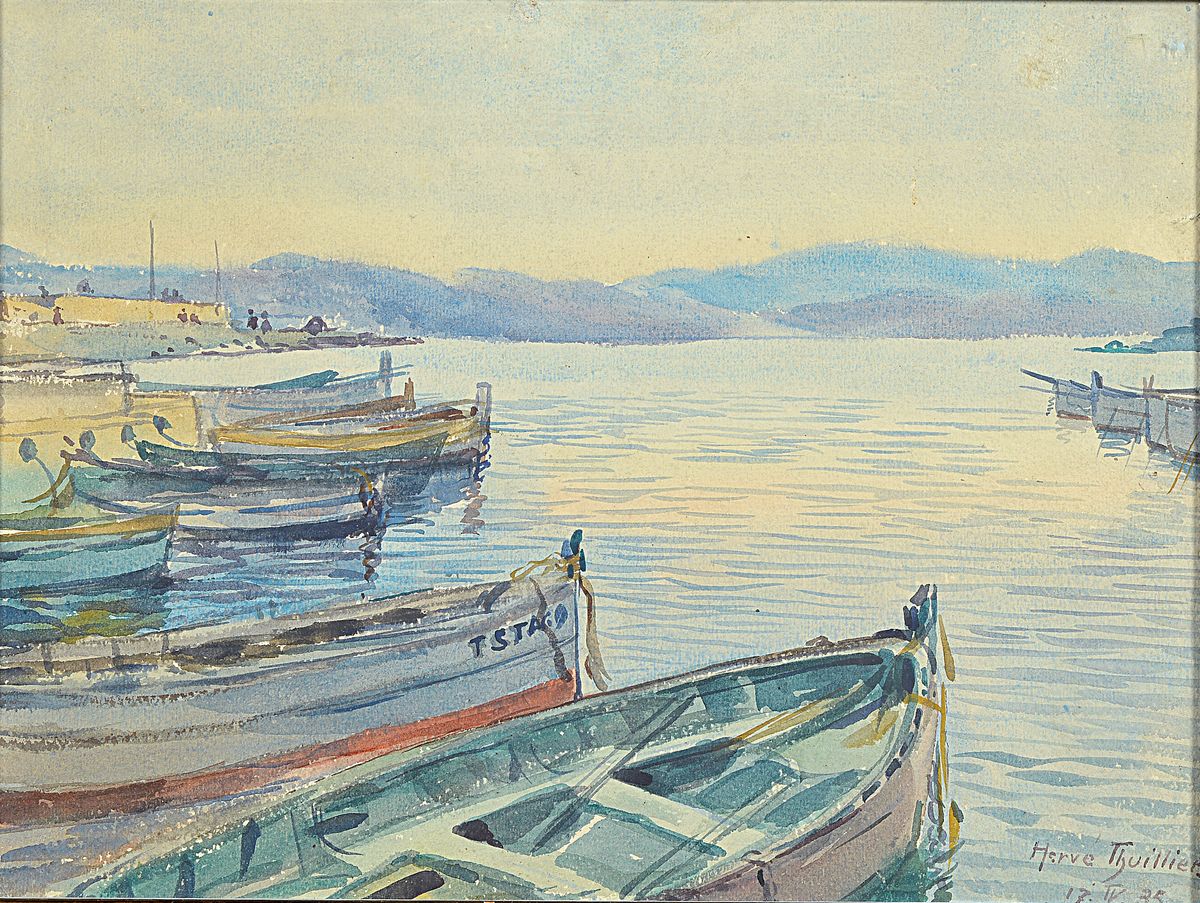 Herve Thuillier, datiert 1935, Cote d'azur, St. Maxim, Aquarell auf Papier, rechts unten signiert, dat. und betitelt, ca. 30x40cm, u.Gl., R., ...