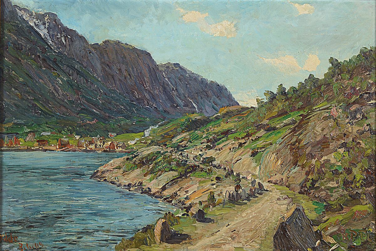 Heinrich Petersen-Flensburg, 1861-1908, Blick auf Oddo (Norwegen), Öl/Lwd, rechts unten monogr. HPFl, links unten bez. Oddo und dat. 1904, ca. ...