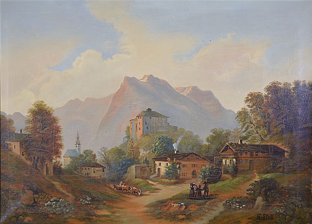 Georg Stoll, 1864 Kandel-1930 Ludwigshafen, Vater des Malers Eugen Stoll (1895-1978) aus Ludwigshafen, Landschaft im Vorgebirge mit Gebäuden und ...