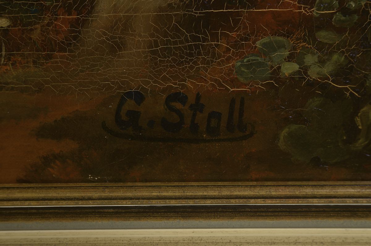Detail a: Georg Stoll, 1864 Kandel-1930 Ludwigshafen, Vater des Malers Eugen Stoll (1895-1978) aus Ludwigshafen, Landschaft im Vorgebirge mit Gebäuden und ...