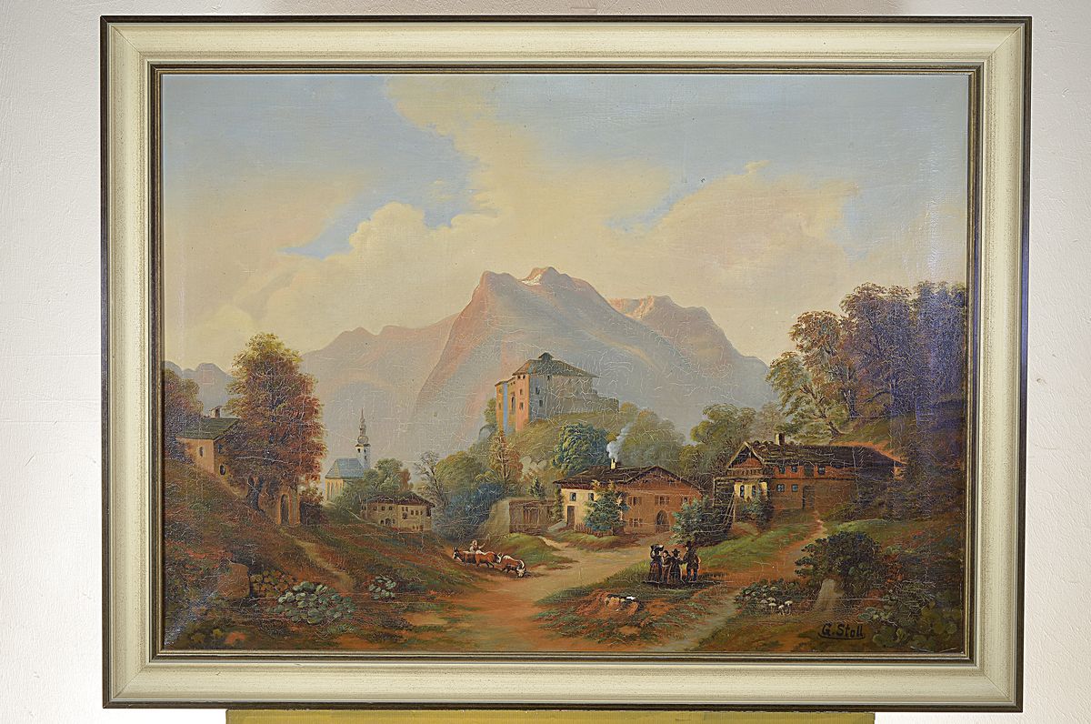 Detail k: Georg Stoll, 1864 Kandel-1930 Ludwigshafen, Vater des Malers Eugen Stoll (1895-1978) aus Ludwigshafen, Landschaft im Vorgebirge mit Gebäuden und ...