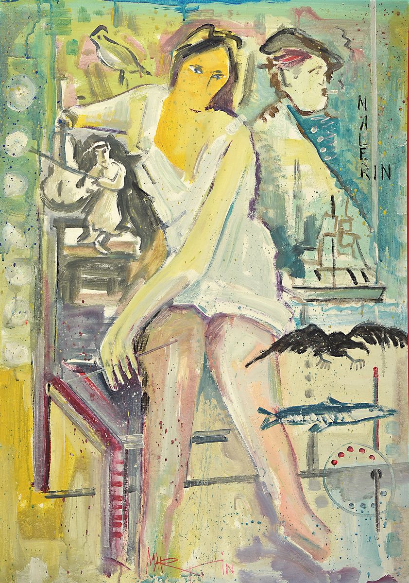 Martin Wollmer, geb. 1939, Im Atelier, Öl/Malkarton, rechts oben bez.: Malerin, mittig unten signiert Martin, ca. 100x70cm, R. ca. 110x80cm