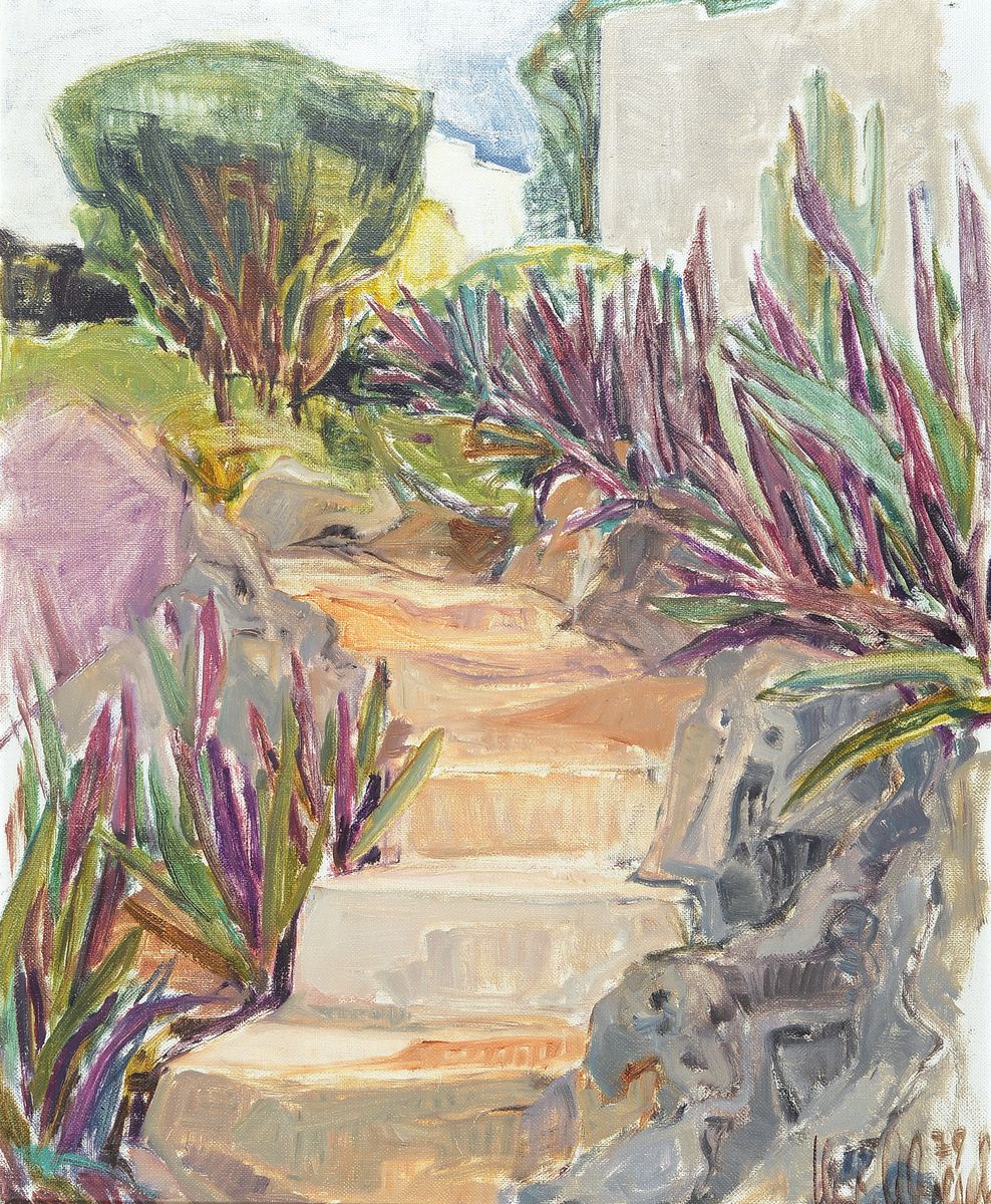 Christel Abresch, 1931 Sulzbach-2011 Neustadt, Aufgang zum Haus, Öl/Malkarton, signiert und dat. 79, ca. 49x41cm, R. ca. 61x52cm