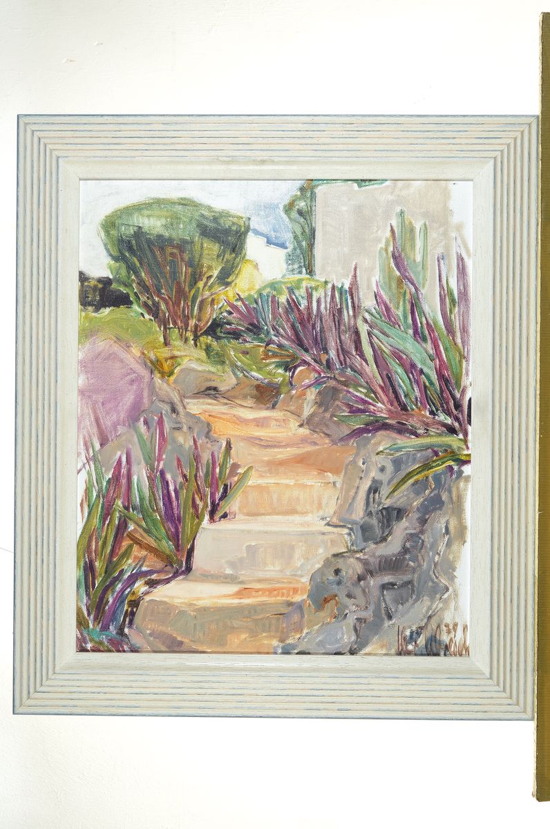 Detail k: Christel Abresch, 1931 Sulzbach-2011 Neustadt, Aufgang zum Haus, Öl/Malkarton, signiert und dat. 79, ca. 49x41cm, R. ca. 61x52cm