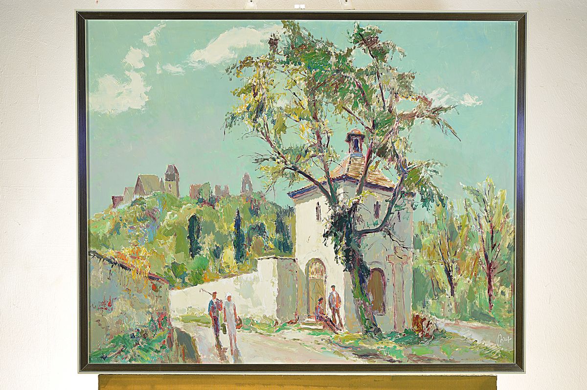 Detail k: Karl Graf, 1902-1986 Speyer, Ansicht aus Neuleiningen, Öl/Hartfaserplatte, rechts unten signiert, rückseitig signiert, betitelt und dat. 80, ca. ...