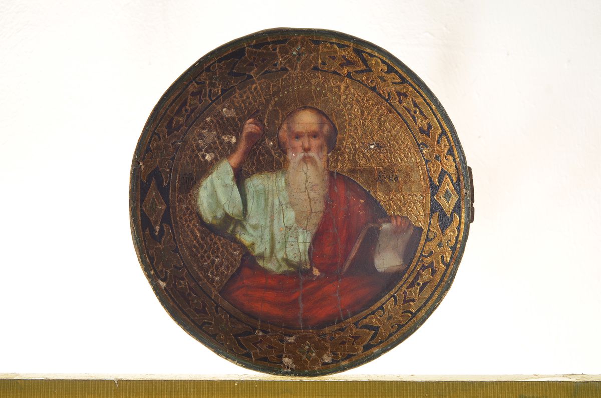Detail k: Ikone, Russland, um 1860, rund, segnender Gottvater, Eitempera/Holz, leichte Farb- und Altersschäden, D. ca. 22 cm