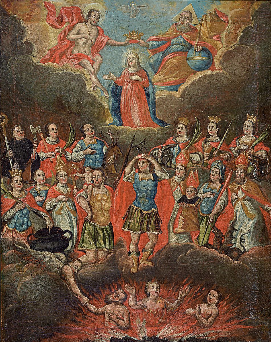 Votivbild, süddeutsch, um 1750, Öl/Lwd, altersbedingt krakeliert und l. beschädigt, teilrest., ca. 64 x 50 cm, Rahmen