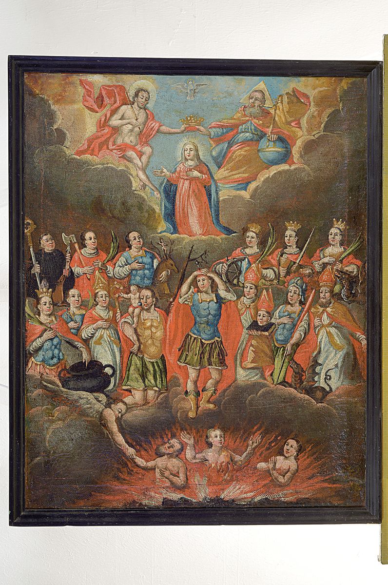 Detail k: Votivbild, süddeutsch, um 1750, Öl/Lwd, altersbedingt krakeliert und l. beschädigt, teilrest., ca. 64 x 50 cm, Rahmen