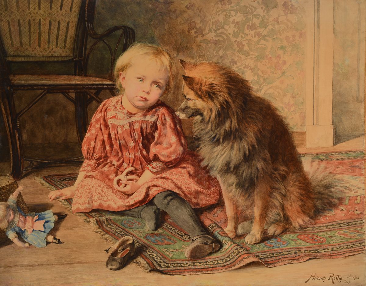 Heinrich Rettig, 1859 Breslau - 1921 München, Aquarell/Papier/Leinwand, "Gute Freunde", Mädchen mit Hund, erzählende detailreiche ...