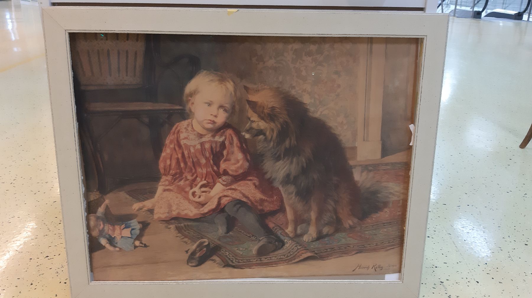 Detail d: Heinrich Rettig, 1859 Breslau - 1921 München, Aquarell/Papier/Leinwand, "Gute Freunde", Mädchen mit Hund, erzählende detailreiche ...