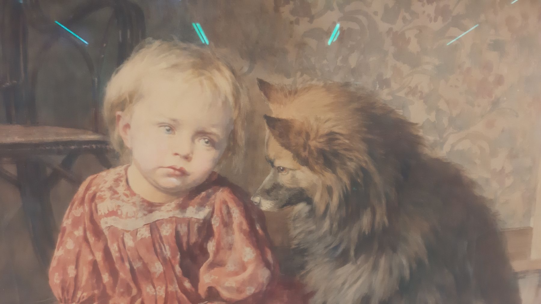 Detail f: Heinrich Rettig, 1859 Breslau - 1921 München, Aquarell/Papier/Leinwand, "Gute Freunde", Mädchen mit Hund, erzählende detailreiche ...
