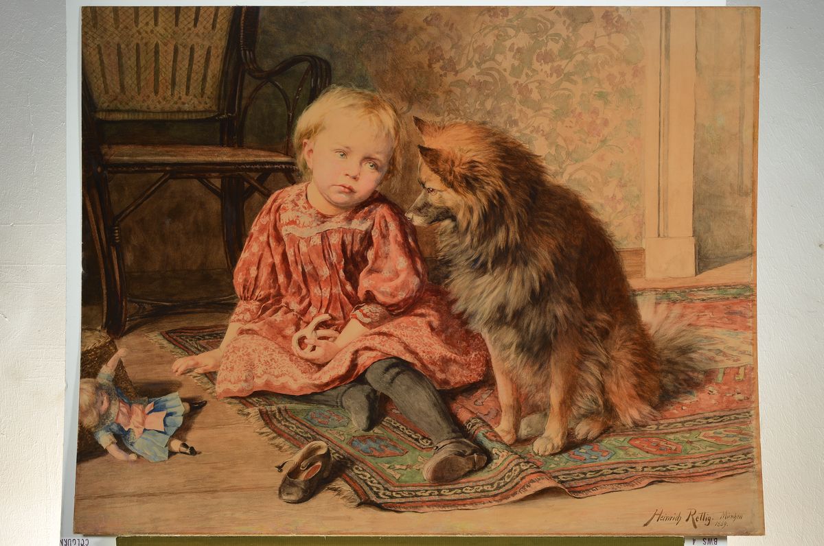 Detail k: Heinrich Rettig, 1859 Breslau - 1921 München, Aquarell/Papier/Leinwand, "Gute Freunde", Mädchen mit Hund, erzählende detailreiche ...