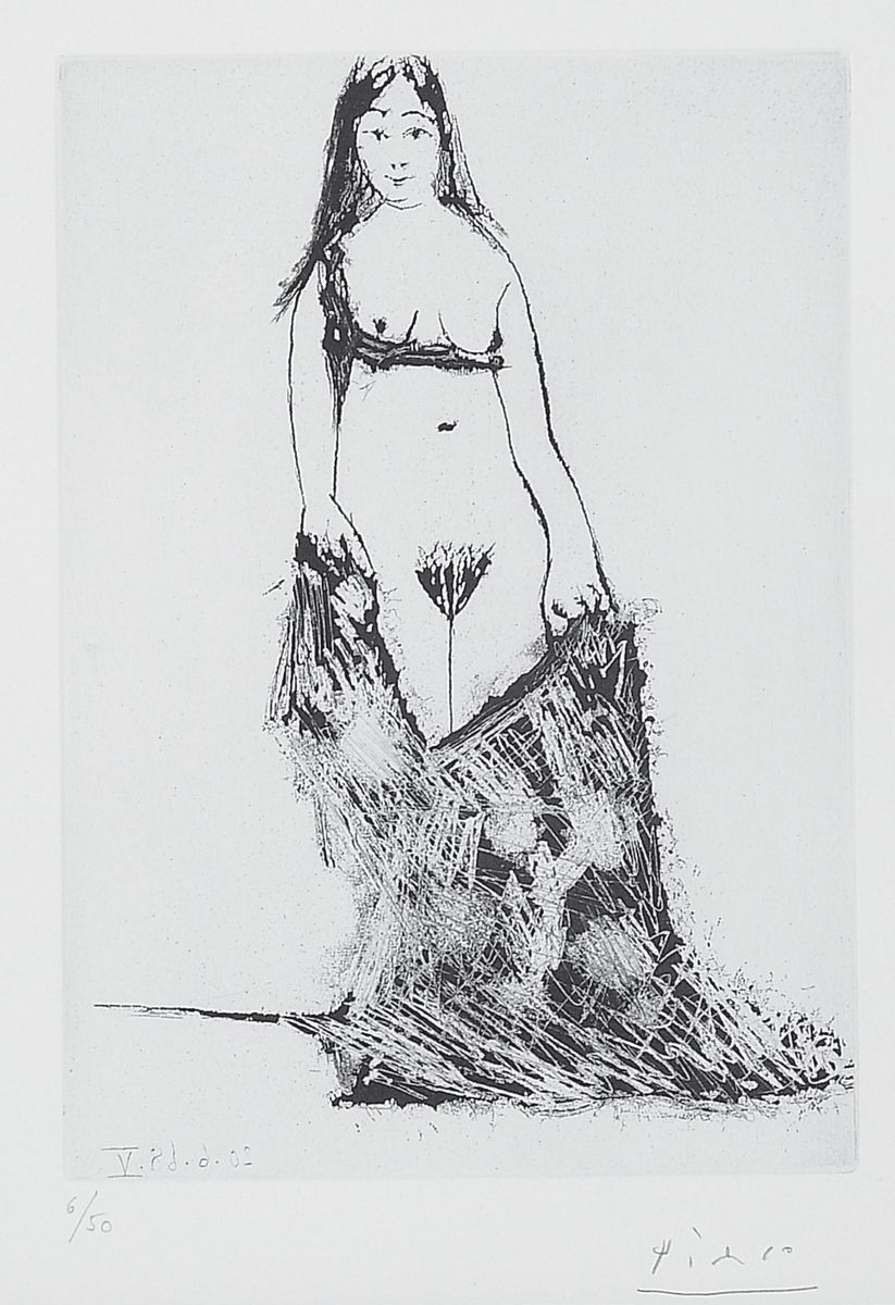 Pablo Picasso, 1881 - 1973, Radierung (Aquatinta und Kaltnadel), stehender Akt mit Tuch, handsigniert und num. 6/50, Plattengröße 20.5 x 15 cm, ...