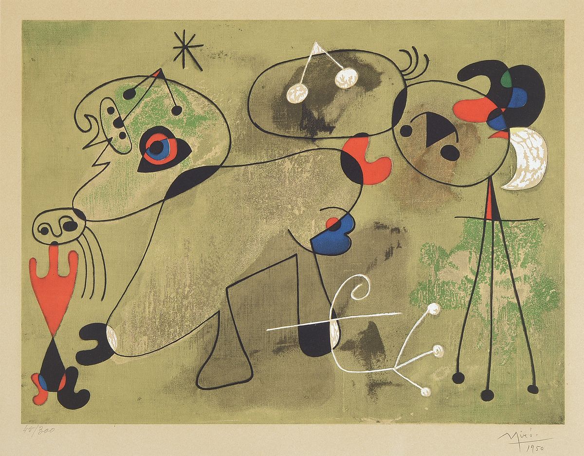 Joan Miro, 1893 - 1983, Farblithografie und Pochoir über Lichtdruck auf Velin von Arches (Wasserzeichen), Titel: "Composition sur fond ...