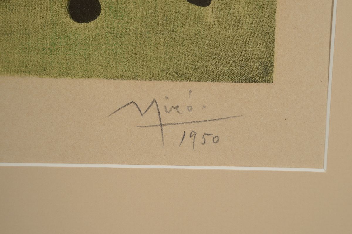 Detail a: Joan Miro, 1893 - 1983, Farblithografie und Pochoir über Lichtdruck auf Velin von Arches (Wasserzeichen), Titel: "Composition sur fond ...