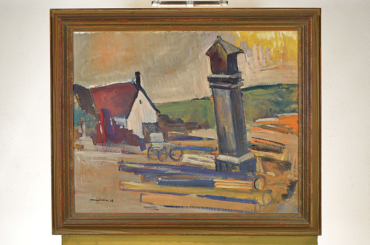 Detail k: Ernst Mollenhauer, 1892 Tapiau/Ostpreußen- 1963 Düsseldorf, bekannter Düsseldorfer Landschaftsmaler, "Holzplatz in der Eifel", ...