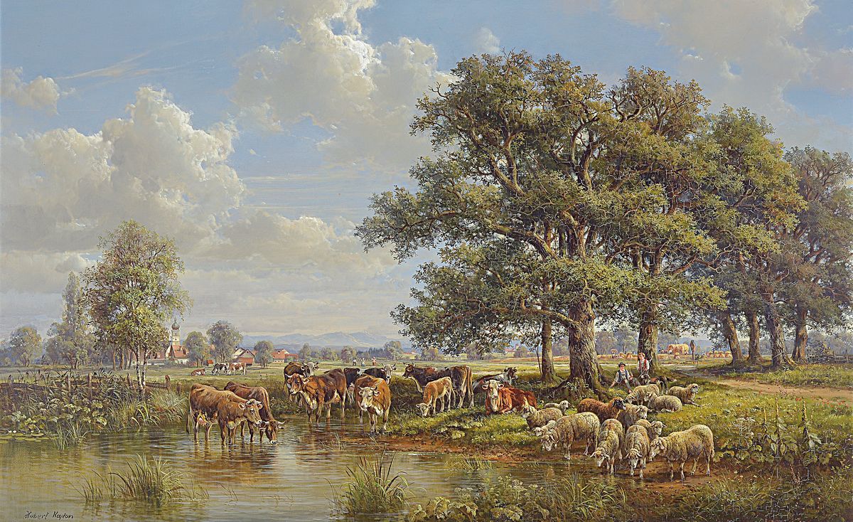 Hubert Kaplan, 1940 München, süddeutsche Landschaft mit Vieh an der Tränke, reiche z.T. miniaturhafte Malerei, gekonnte Wolkenformationen am ...