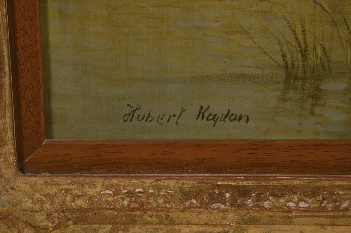 Detail a: Hubert Kaplan, 1940 München, süddeutsche Landschaft mit Vieh an der Tränke, reiche z.T. miniaturhafte Malerei, gekonnte Wolkenformationen am ...