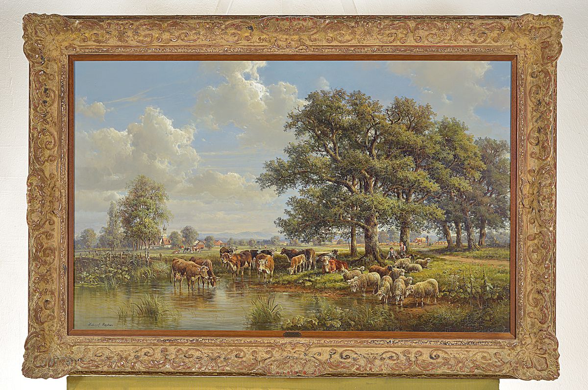 Detail k: Hubert Kaplan, 1940 München, süddeutsche Landschaft mit Vieh an der Tränke, reiche z.T. miniaturhafte Malerei, gekonnte Wolkenformationen am ...