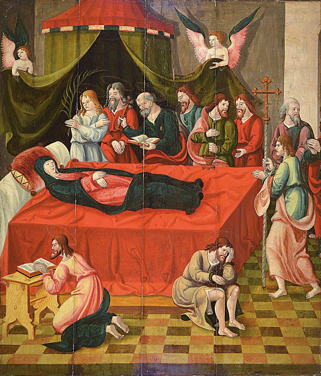 Tafelbild, wohl süddeutsch, 1520/60, "Das Entschlafen der Gottesmutter", Beweinung der entschlafenden Maria, auf breitem Totenbett ...
