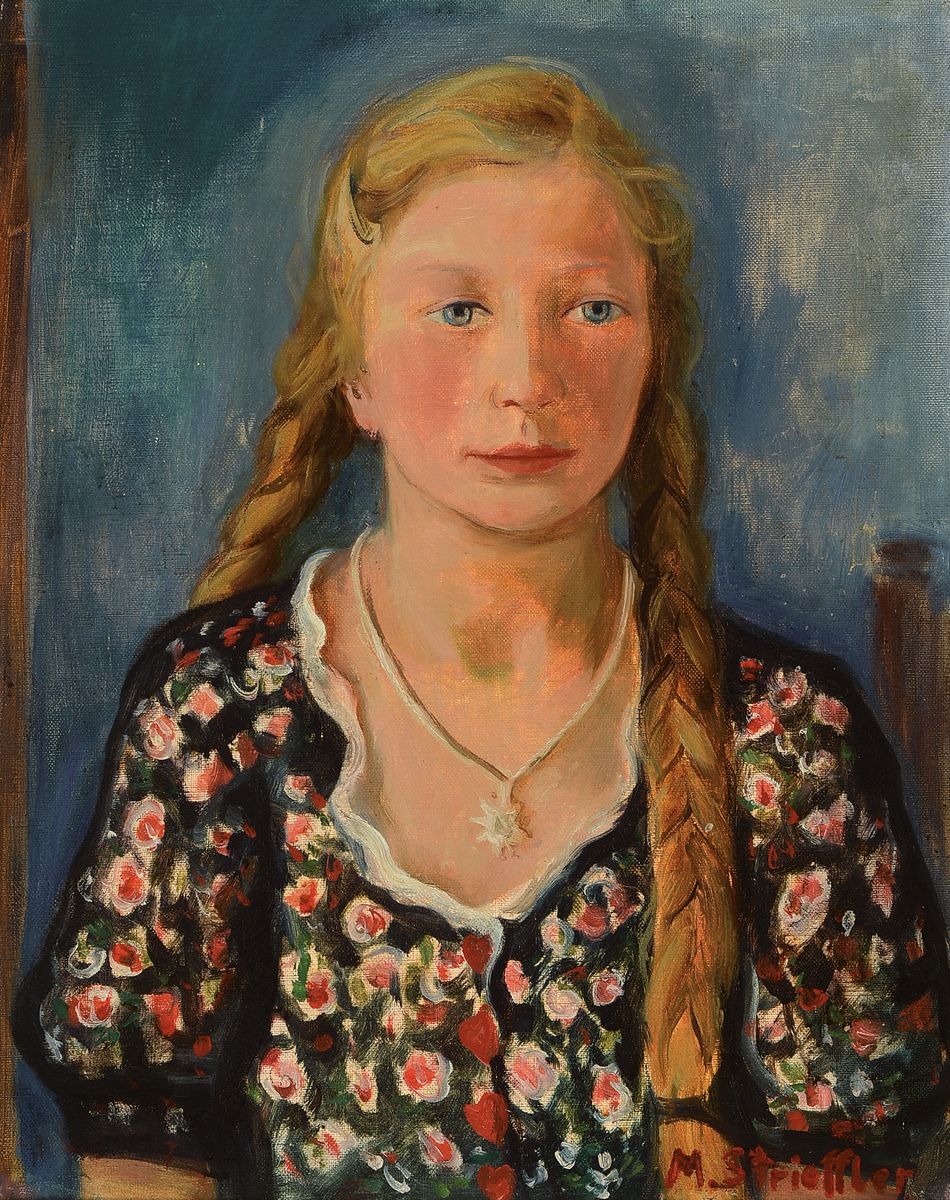 Marie Strieffler, 1917-1987 Landau, Porträt eines Mädchens mit geflochtenen Zöpfen, Öl/Lwd, rechts unten signiert, ca. 52x42cm, R. ca. 66x55cm