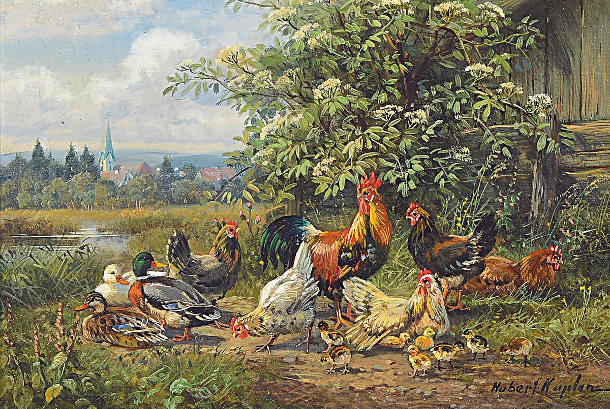 Hubert Kaplan, geb. 1940, Federvieh vor süddeutscher Landschaft, feine Miniaturmalerei, detailreiche Darstellung, signiert, rückseitig mit ...