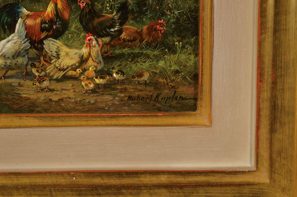 Detail a: Hubert Kaplan, geb. 1940, Federvieh vor süddeutscher Landschaft, feine Miniaturmalerei, detailreiche Darstellung, signiert, rückseitig mit ...