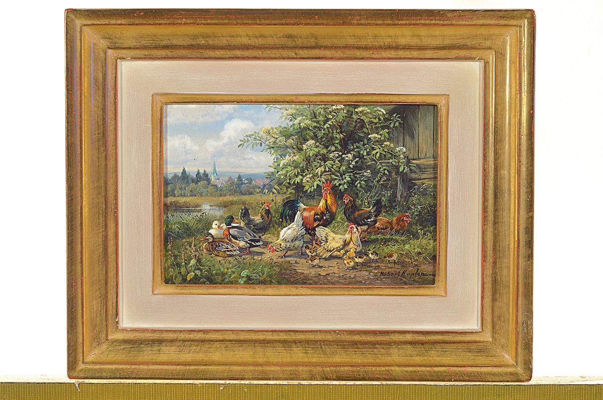 Detail k: Hubert Kaplan, geb. 1940, Federvieh vor süddeutscher Landschaft, feine Miniaturmalerei, detailreiche Darstellung, signiert, rückseitig mit ...