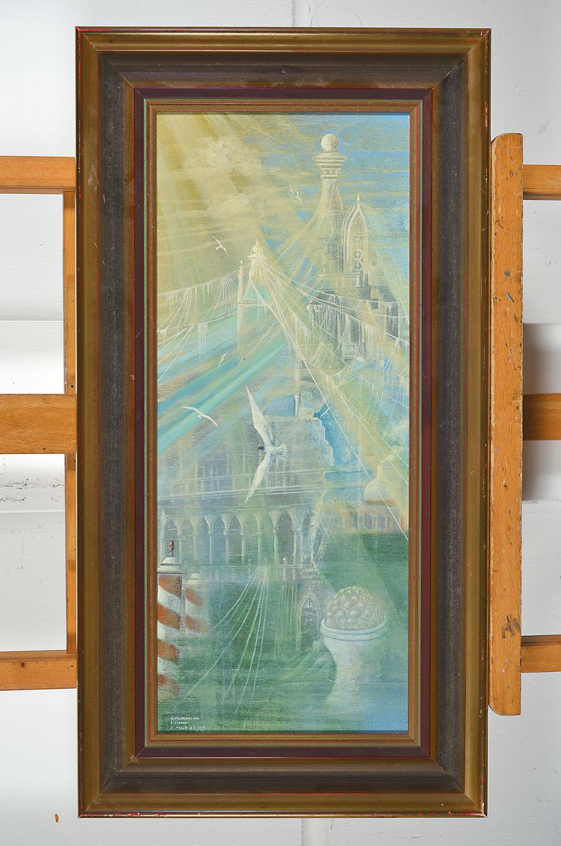 Detail k: Werner Holz, 1948 Grünstadt-1991 Ludwigshafen, Venezianische Visionen, Öl/Spanplatte, links unten betitelt, signiert und dat. 1979, ca. 56x24cm, R. ...