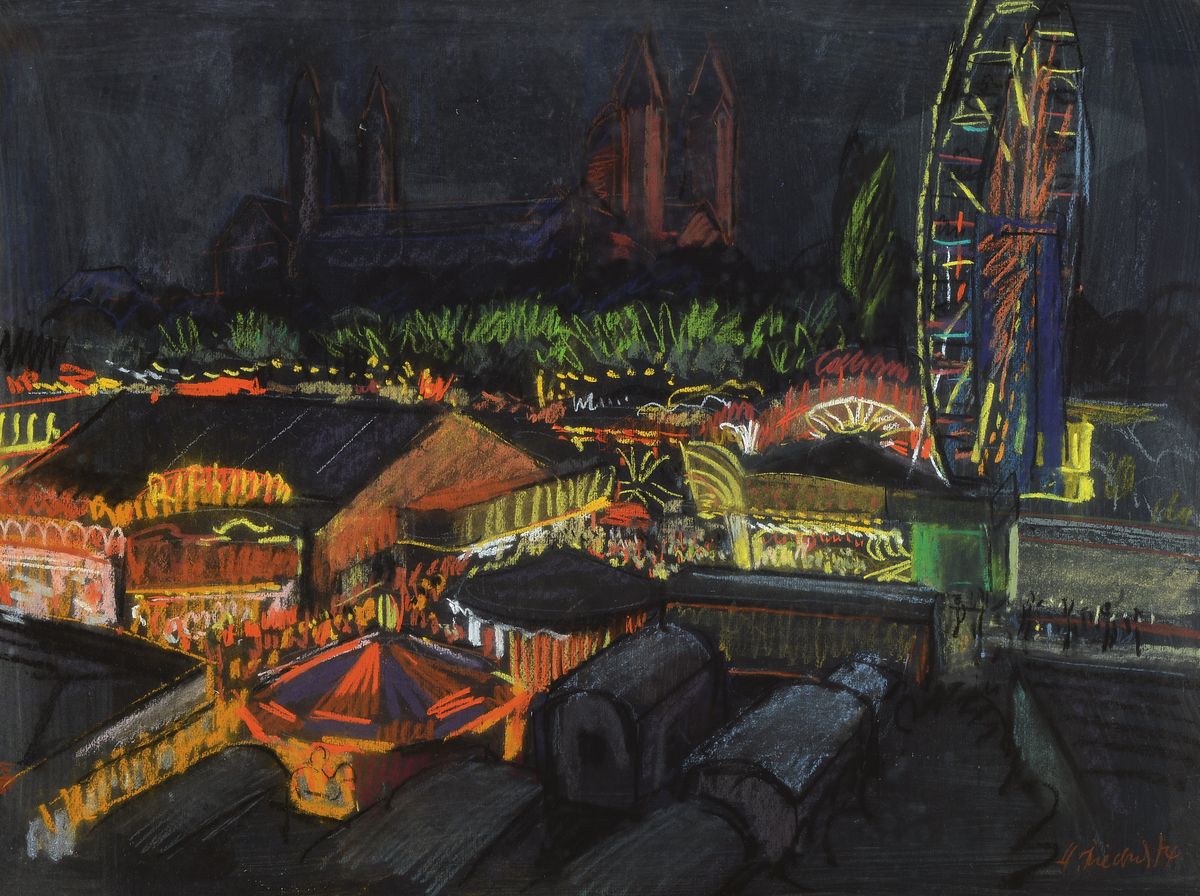 Heinz Friedrich, 1924-2018 Speyer, Das Brezelfest in Speyer, im Hintergrund der Dom, Pastell auf dunklem Papier, rechts unten signiert und dat. 74, ...