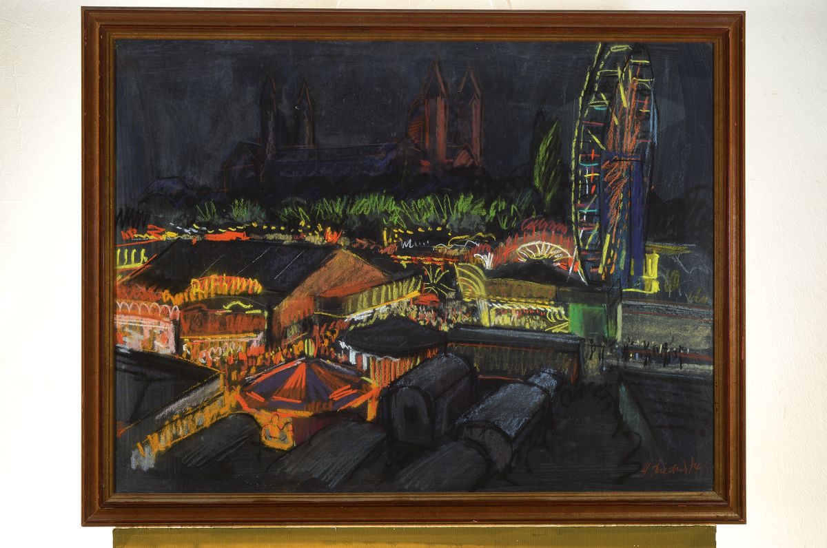 Detail k: Heinz Friedrich, 1924-2018 Speyer, Das Brezelfest in Speyer, im Hintergrund der Dom, Pastell auf dunklem Papier, rechts unten signiert und dat. 74, ...