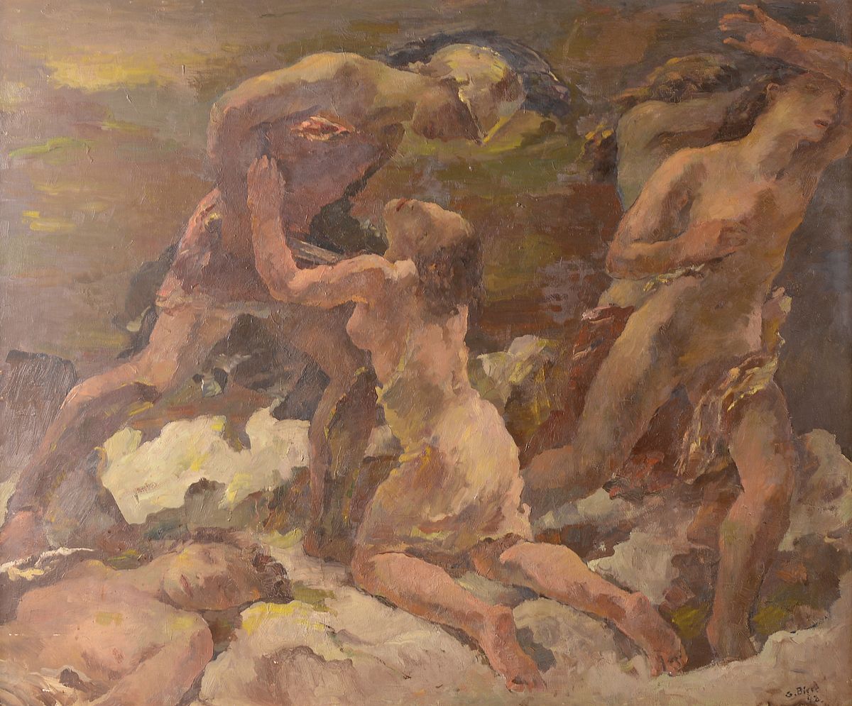 Gerth Biese, 1901 Karlsruhe-1980 Tübingen, Szene aus der antiken Mythologie, Öl/Hartfaser, rechts unten signiert und dat. 42, ca. 145x 165 cm, R., ...