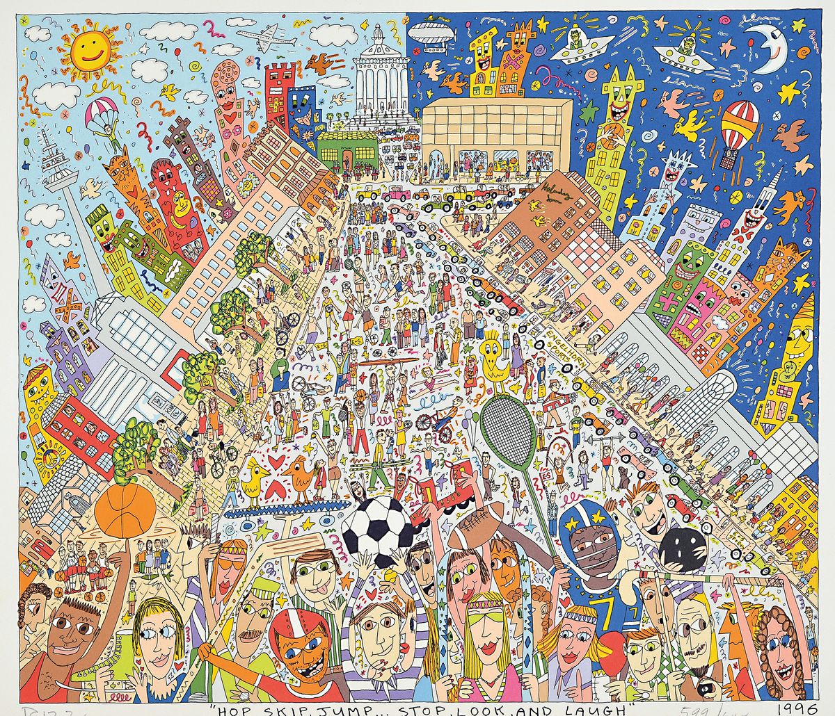 James Rizzi, 1950-2011, Hop, Skip, Jump.. stop look and laugh, Farblithografie von 1996, handsign., num. 599/600, ca. 43x47 cm