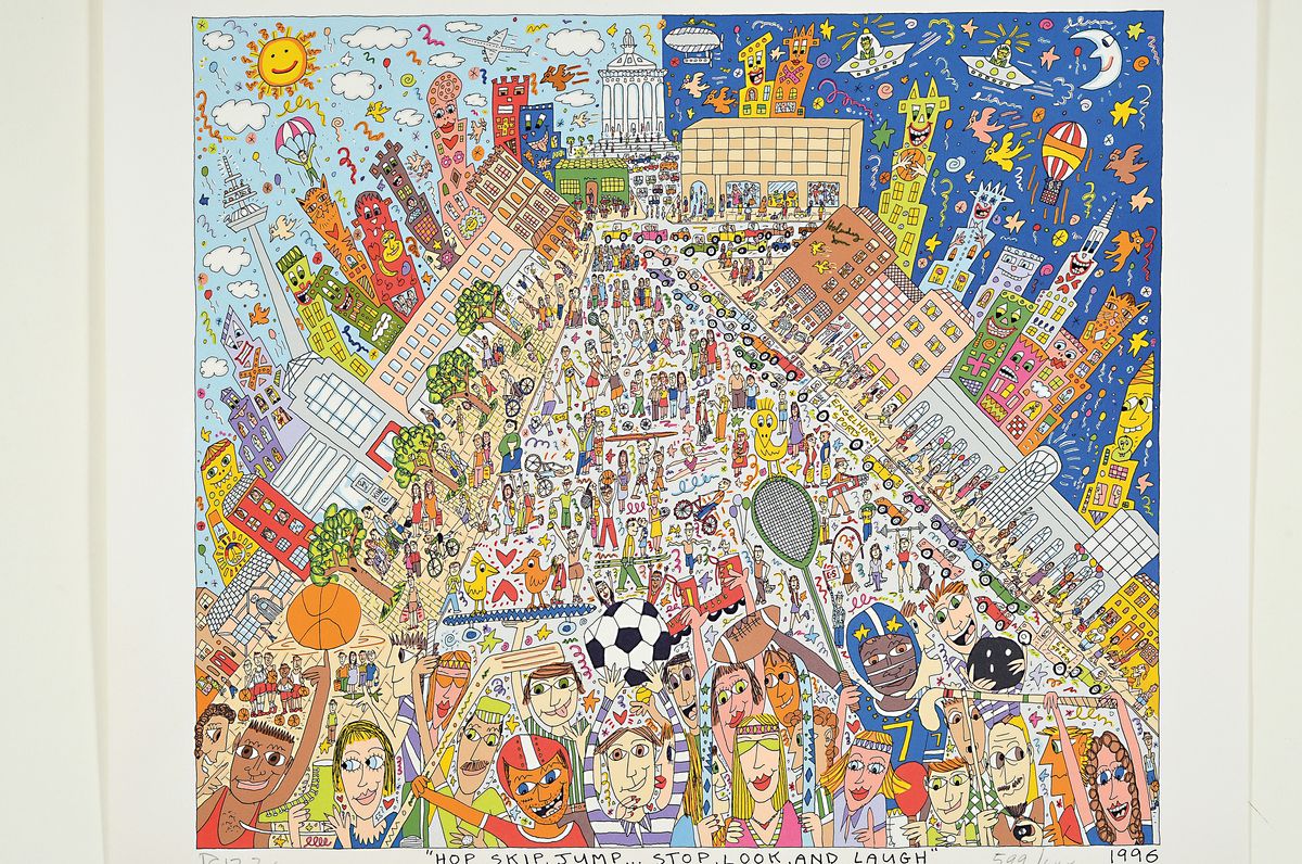 Detail k: James Rizzi, 1950-2011, Hop, Skip, Jump.. stop look and laugh, Farblithografie von 1996, handsign., num. 599/600, ca. 43x47 cm