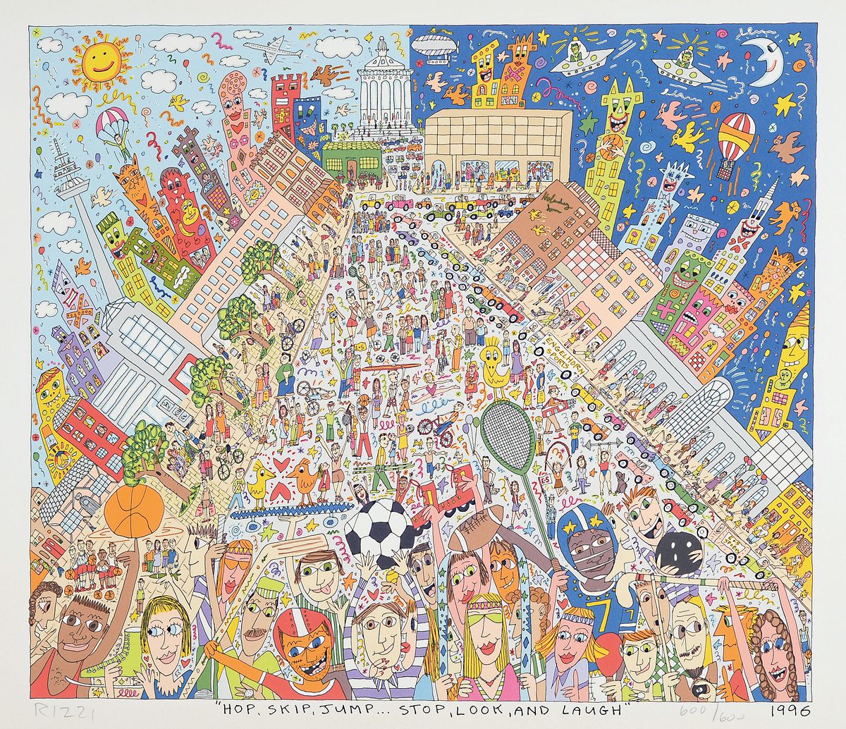 James Rizzi, 1950-2011, Hop, Skip, Jump.. stop look and laugh, Farblithografie von 1996,handsign., num. 600/600, ca. 43x47 cm