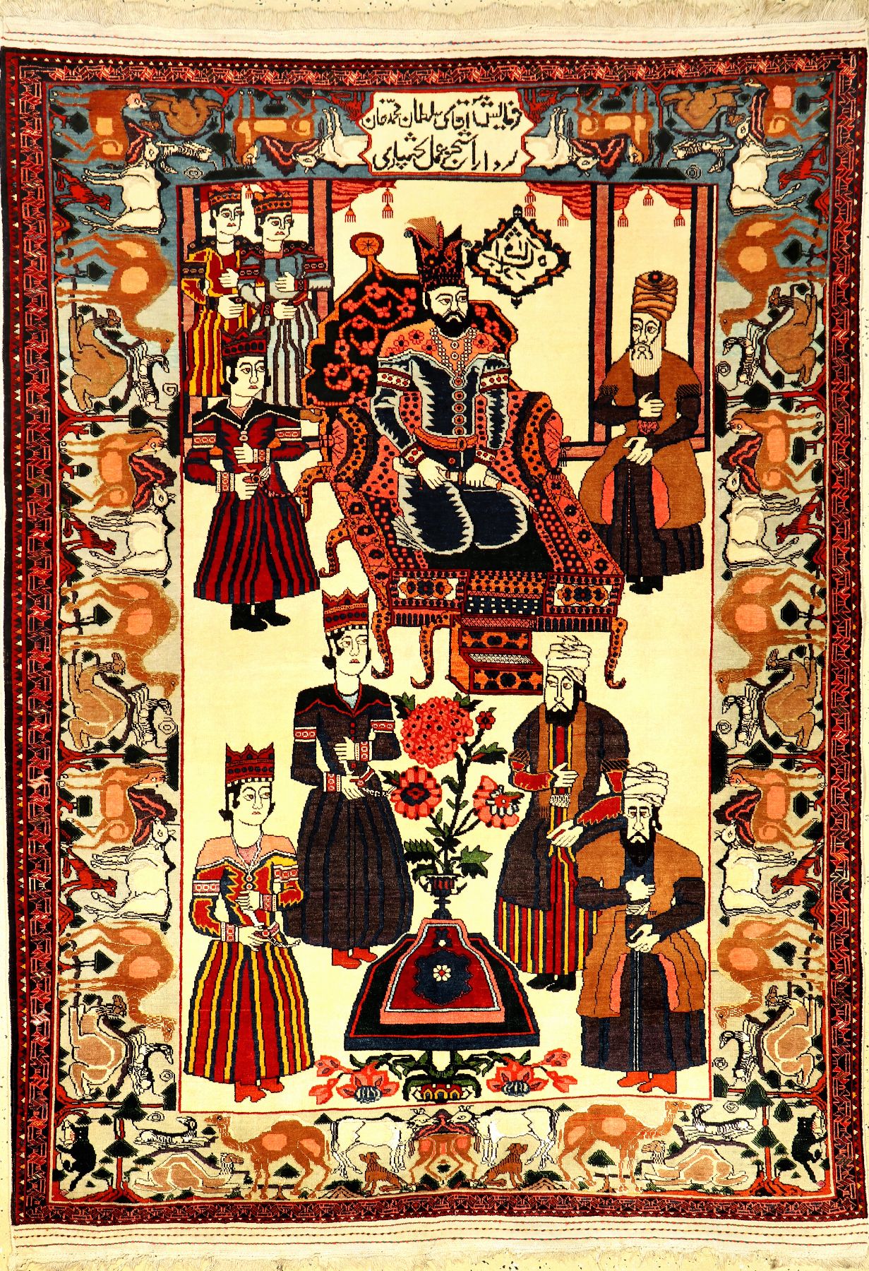 Seltener Bachtiari "Khan" Bildteppich (Part-Silk) antik (Mit Widmungskartusche) "Nader Schah Afschar Motiv", Westliches ...