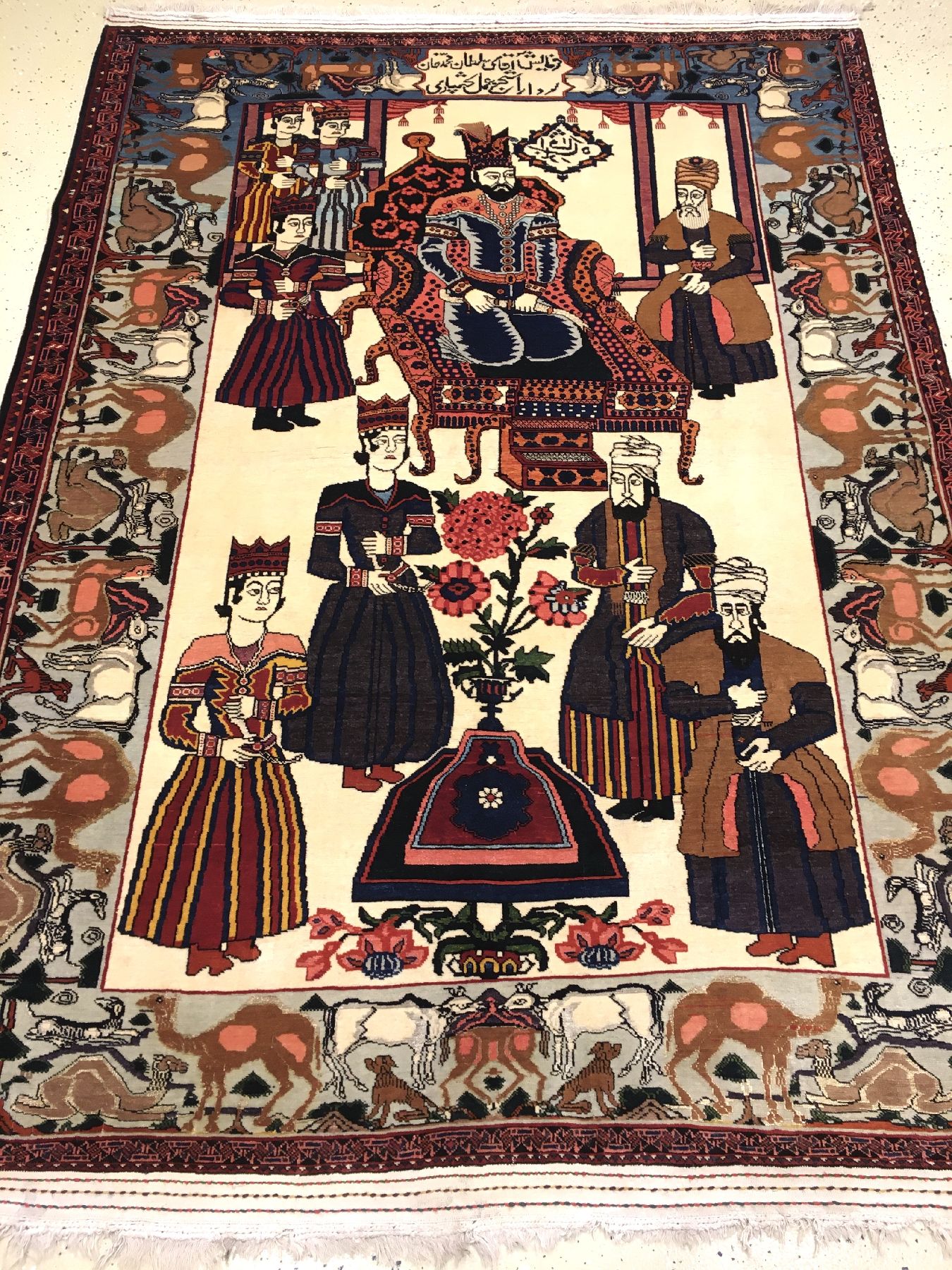 Detail a: Seltener Bachtiari "Khan" Bildteppich (Part-Silk) antik (Mit Widmungskartusche) "Nader Schah Afschar Motiv", Westliches ...