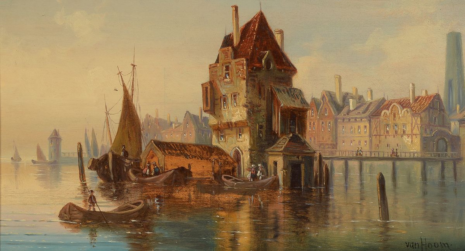 Jan van Hoom, niederländischer Maler des 19./20. Jh., Holländische Hafenansicht, Öl/ Holz, rechts unten signiert, ca. 26x47cm, R. ca. 40x61cm