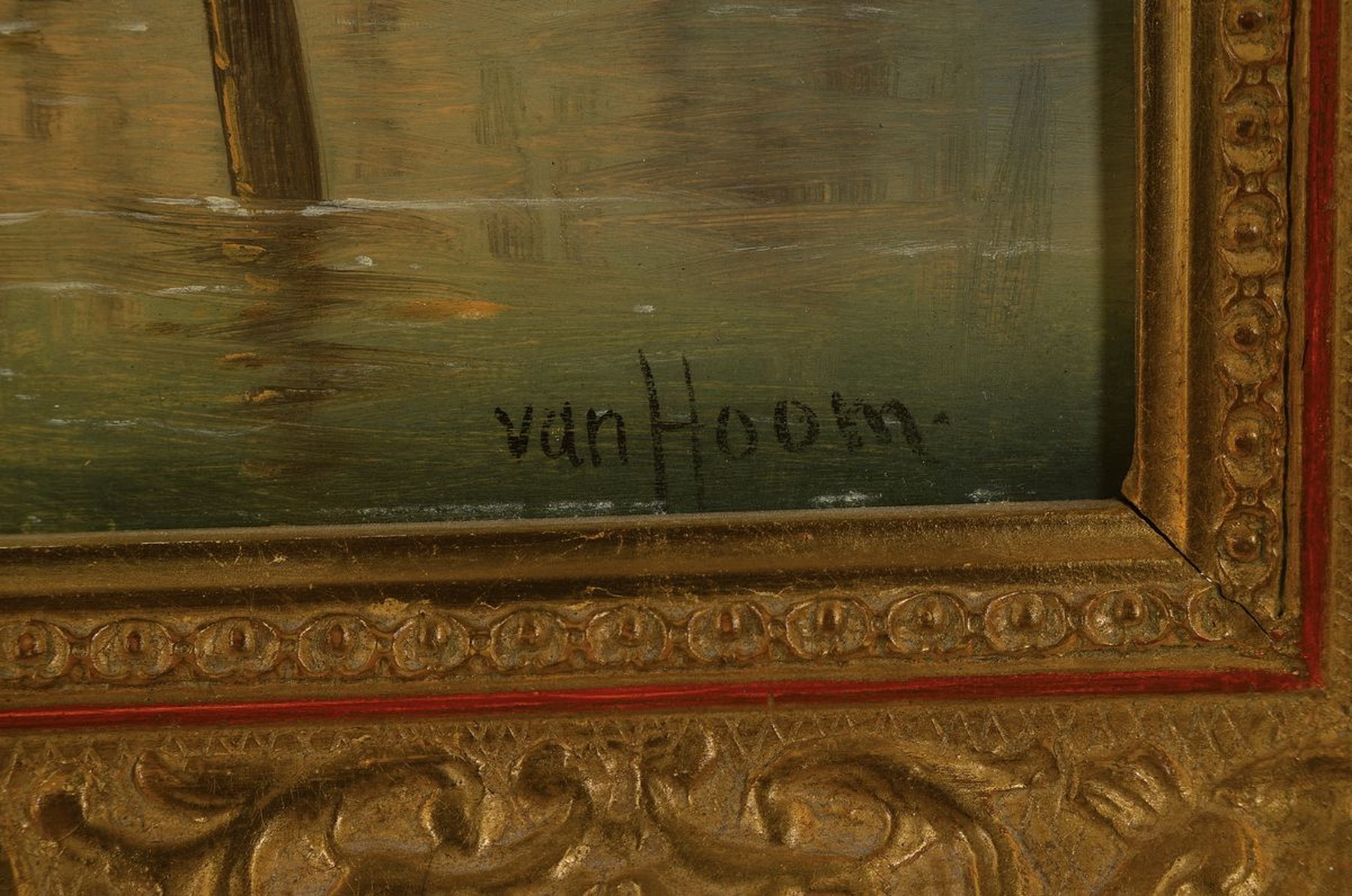 Detail a: Jan van Hoom, niederländischer Maler des 19./20. Jh., Holländische Hafenansicht, Öl/ Holz, rechts unten signiert, ca. 26x47cm, R. ca. 40x61cm