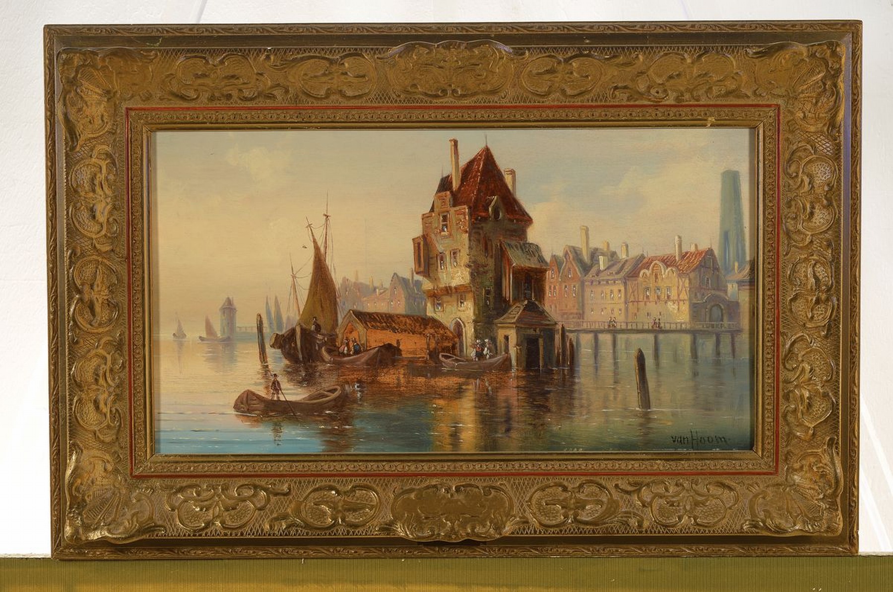 Detail k: Jan van Hoom, niederländischer Maler des 19./20. Jh., Holländische Hafenansicht, Öl/ Holz, rechts unten signiert, ca. 26x47cm, R. ca. 40x61cm