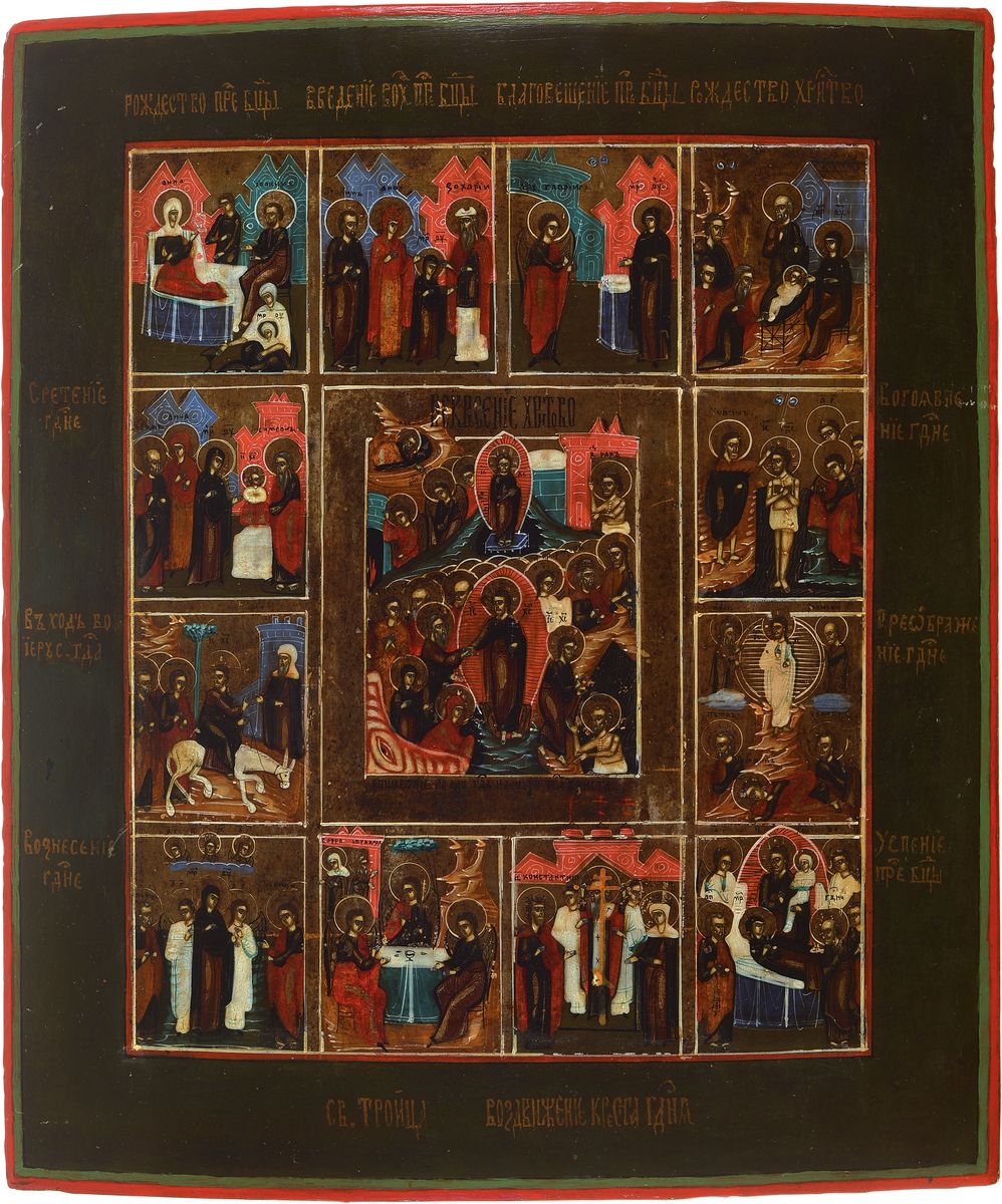 Festtagsikone, Russland, 2. Hälfte 19. Jh., mittig Ostergeschehen, mehrere Vitaszenen Christi wie Einzug in Jerusalem bis zur Auferstehung, Tempera ...