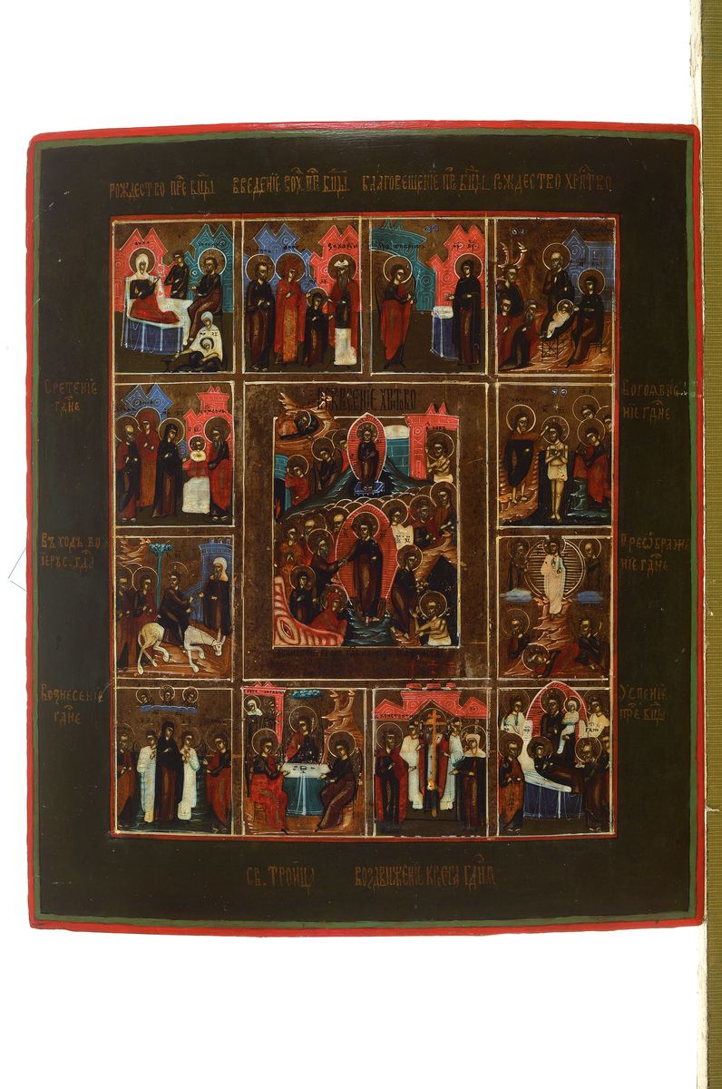 Detail k: Festtagsikone, Russland, 2. Hälfte 19. Jh., mittig Ostergeschehen, mehrere Vitaszenen Christi wie Einzug in Jerusalem bis zur Auferstehung, Tempera ...