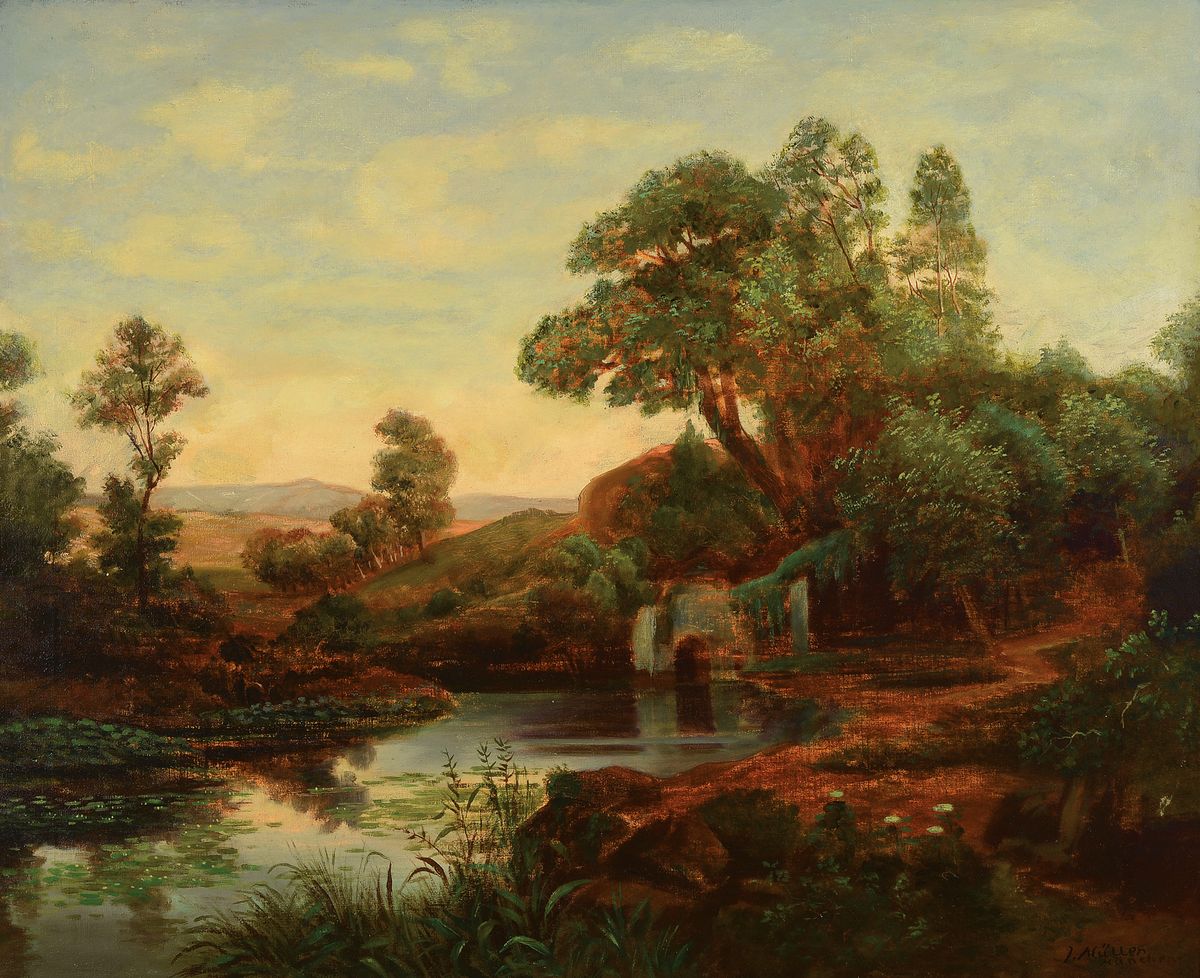Eduard Josef Müller, 1851 Ellenhausen-1922 Frankfurt am Main, Landschaftsmaler der Düsseldorfer Schule, hier: Landschaft mit See und Eingang zu ...