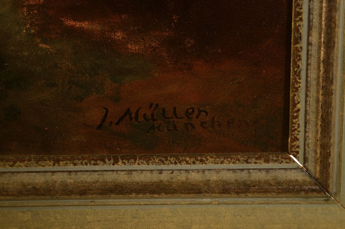 Detail a: Eduard Josef Müller, 1851 Ellenhausen-1922 Frankfurt am Main, Landschaftsmaler der Düsseldorfer Schule, hier: Landschaft mit See und Eingang zu ...